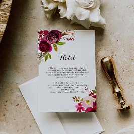Tarjeta De Recepción Hotel rustico Rubor Burgundy Floral Calligraphy