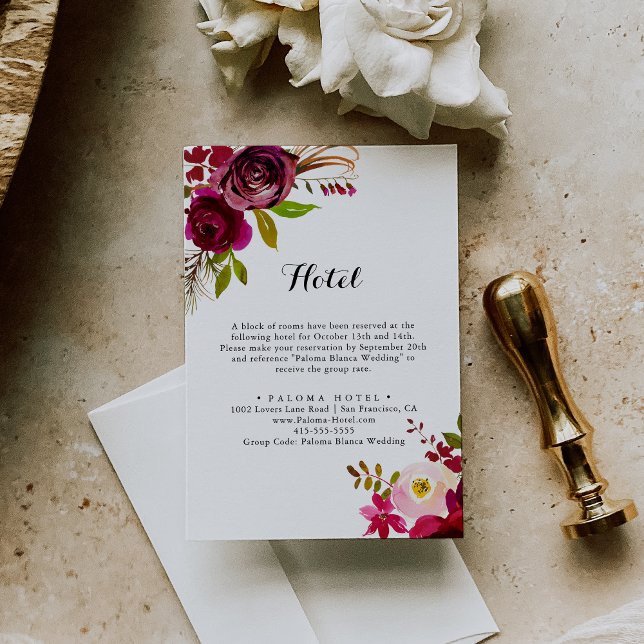 Tarjeta De Recepción Hotel rustico Rubor Burgundy Floral Calligraphy (Subido por el creador)
