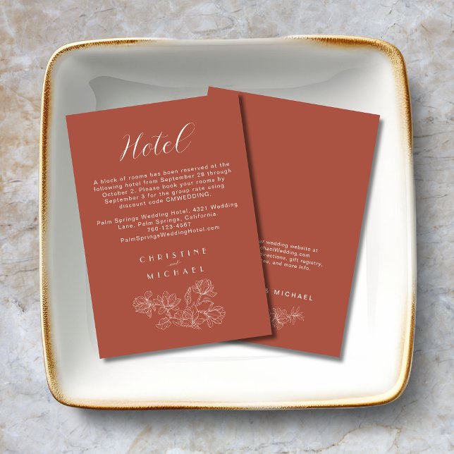 Tarjeta De Recepción Hotel Terracotta Floral Elegante Wedding (Terracotta Floral Wedding Hotel Enclosure Card with Magnolia Line Art, ivory wording and graphics.)