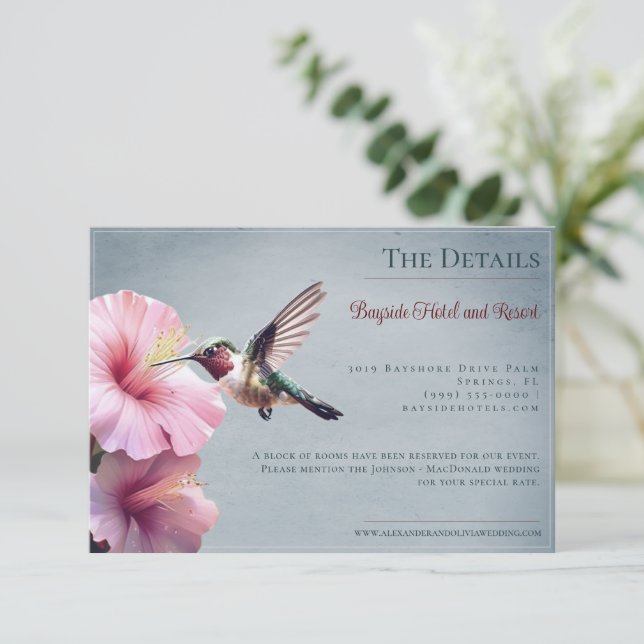 Tarjeta De Recepción Hummingbird e Hibiscus | Boda azul (Anverso de pie)