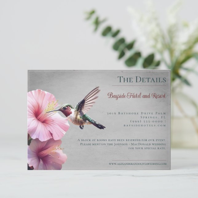 Tarjeta De Recepción Hummingbird e Hibiscus | Boda gris (Anverso de pie)