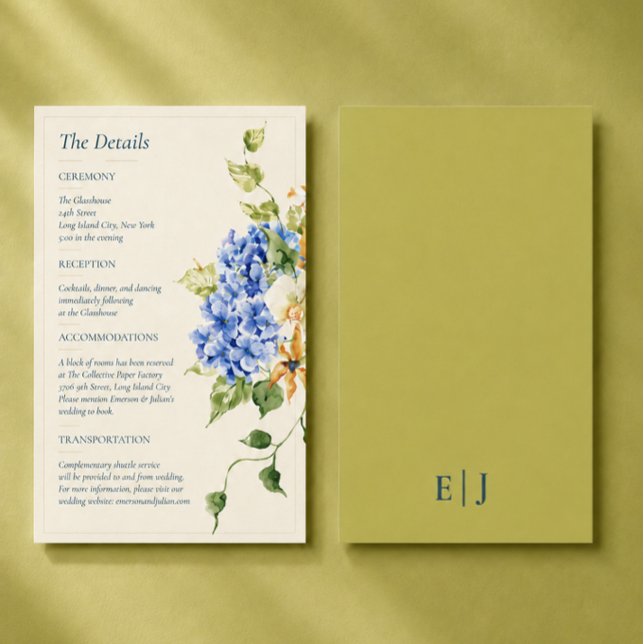 Tarjeta De Recepción Hydrangea Editorial Orquídea Anthurium Boda (Modern editorial details card featuring sculptural anthuriums, orchid, and hydrangea.)