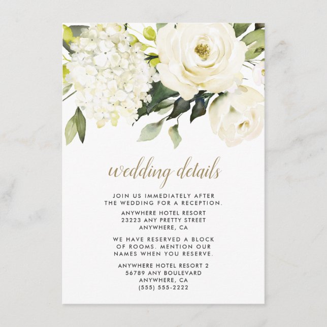 Tarjeta De Recepción Hydrangea Elegante Rosa de Oro Blanco Boda Floral (Anverso)