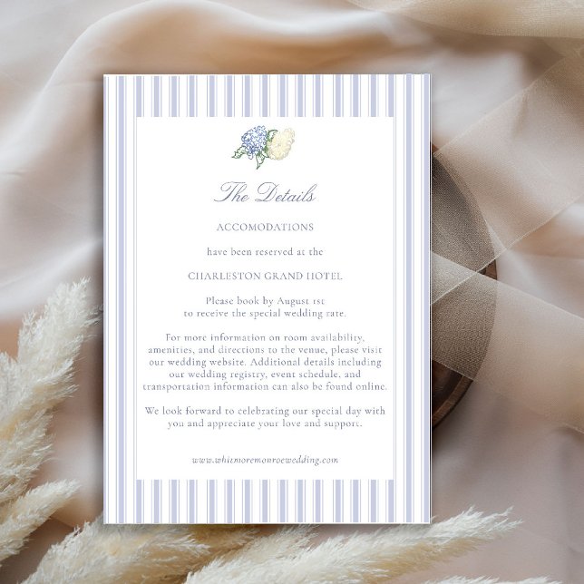 Tarjeta De Recepción Hydrangea Formal Stripes Coastal Wedding Details (hydrangea wedding details coastal cottagecore romantic garden formal elegant traditional)