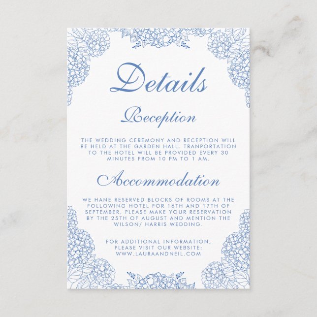 Tarjeta De Recepción Hydrangea Moderna Floral Azul Polvoriento Detalles (Anverso)