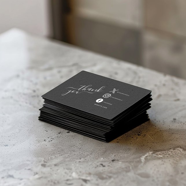 Tarjeta De Recepción Iconos de medios sociales blancos gracias a descue (Black insert card with "thank you" script and white social media icons, message and QR code.)