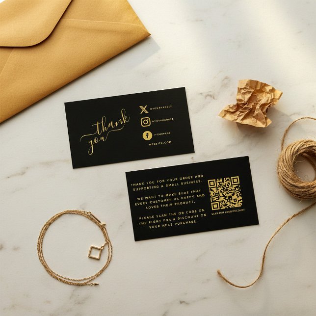 Tarjeta De Recepción Iconos sociales Código QR negro/oro gracias a desc (Social icons QR code black/gold thank you discount Enclosure Card.)