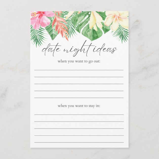 Tarjeta De Recepción Ideas de la noche de la cita Ducha tropical de la  (Anverso)