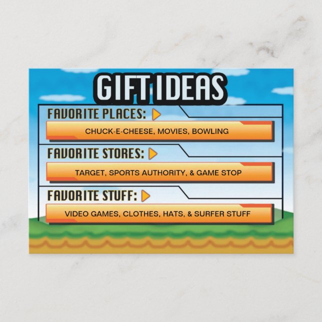 Tarjeta De Recepción Ideas de regalo de fiesta de cumpleaños de videoju (Anverso)