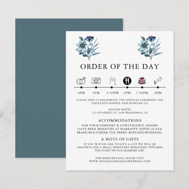 Tarjeta De Recepción Ilustración de Acuarela Rústica Ramo Floral Azul (Anverso / Reverso)