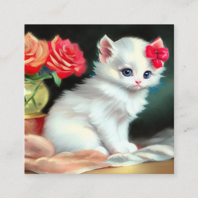 Tarjeta De Recepción Ilustracion de gatito blanco con flores rojas (Anverso)