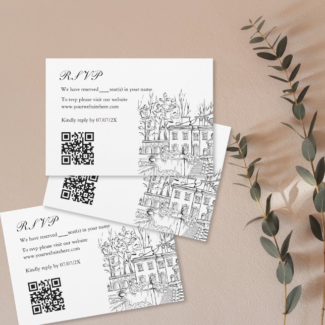 Tarjeta De Recepción Ilustracion de la mansión del Boda de mano dibujad (Subido por el creador)