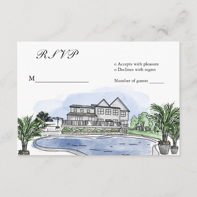 Tarjeta De Recepción Ilustracion de mansión de casamiento personalizado (Anverso)