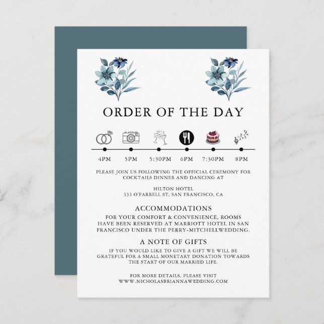 Tarjeta De Recepción ilustración en acuarela rústica ramo floral azul (Anverso / Reverso)