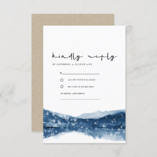 TARJETA DE RECEPCIÓN INDIGO BLUE LAKE MONTAINAS SNOWFALL WEDDING RSVP