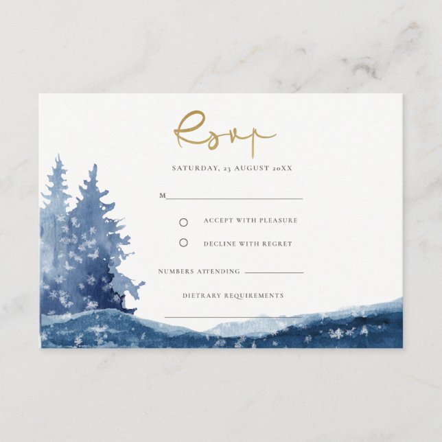 TARJETA DE RECEPCIÓN INDIGO TINTA AZUL MONTAÑA LAGO NIEVE BODA RSVP (Anverso)