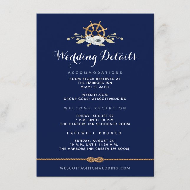 Tarjeta De Recepción Infinidad náutica ⚓ detalles del Boda anémico blan (Anverso)