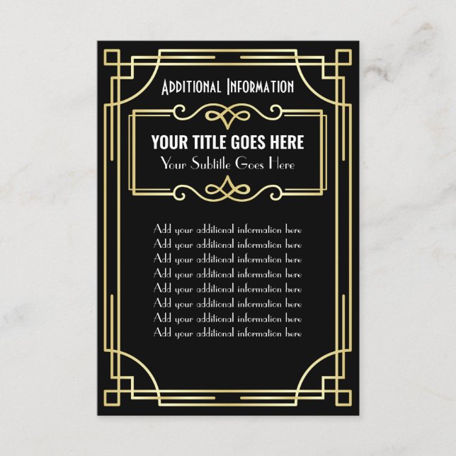 Tarjeta De Recepción Información adicional sobre Art Deco Boda Gold Bla (Anverso)