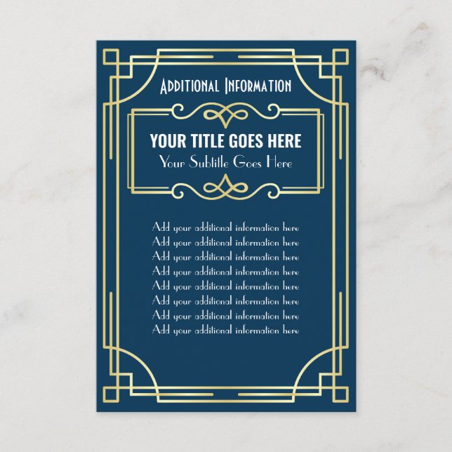 Tarjeta De Recepción Información adicional sobre Art Deco Boda Gold Blu (Anverso)