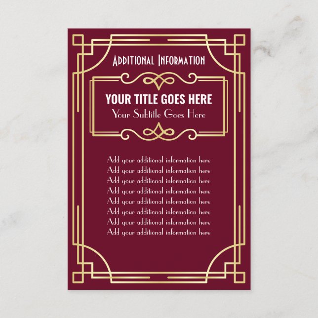 Tarjeta De Recepción Información adicional sobre Art Deco Boda Gold Bur (Anverso)