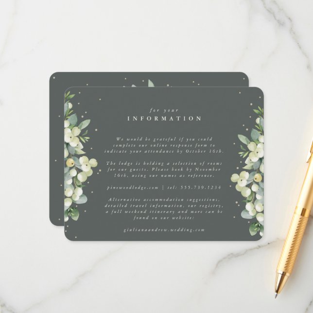 Tarjeta De Recepción Información Boda de borde verde de nieve + eucalip (Anverso/Reverso In Situ)