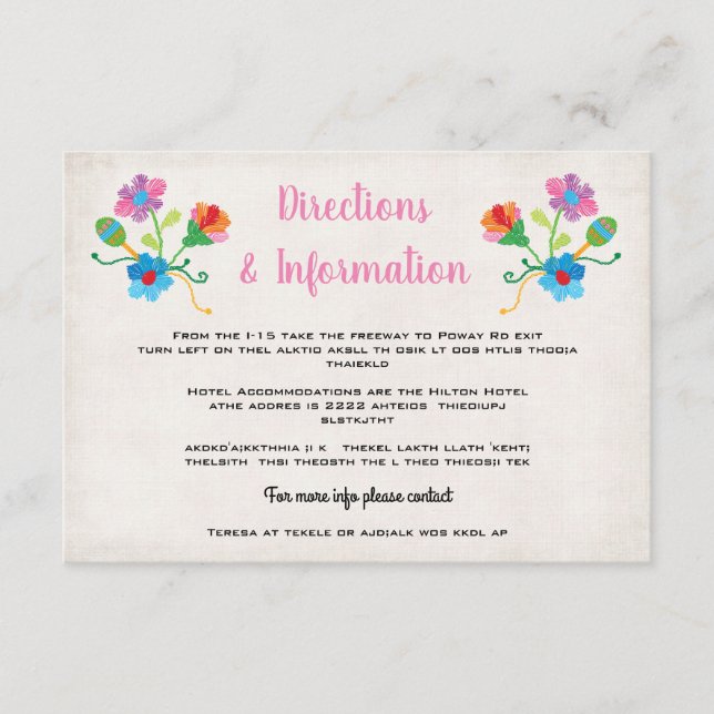 Tarjeta De Recepción Información Boda de Fiesta Mexicana bordada de art (Anverso)