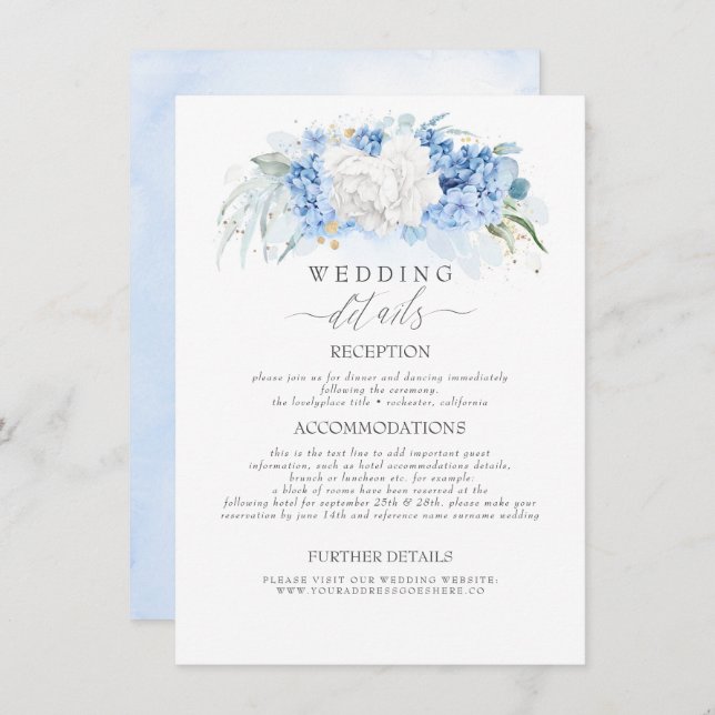 Tarjeta De Recepción Información Boda sobre las flores azules blancas y (Anverso / Reverso)