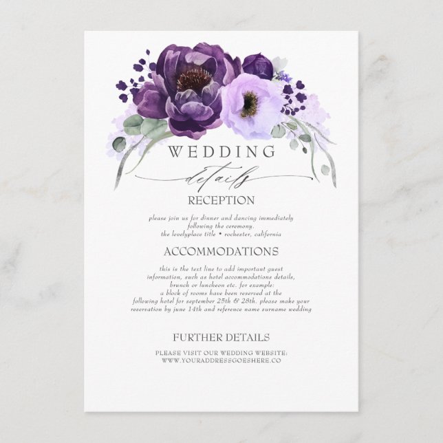 Tarjeta De Recepción Información Boda sobre las flores moradas (Anverso)