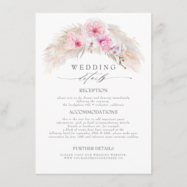Tarjeta De Recepción Información Boda sobre las flores tropicales rosad (Anverso)