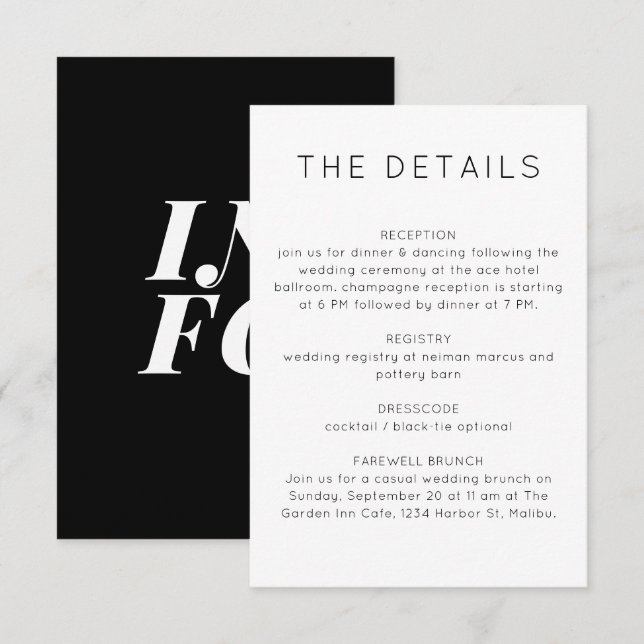 Tarjeta De Recepción Información clásica de Boda blanco negro simple (Anverso / Reverso)