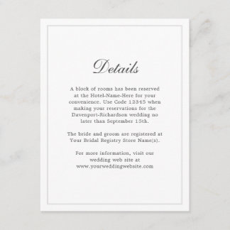 Tarjeta De Recepción Información clásica sobre la boda elegante y simpl