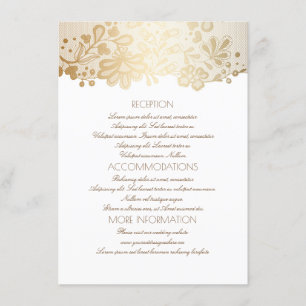 Tarjeta De Recepción Información de Boda blanco elegante de encaje dora