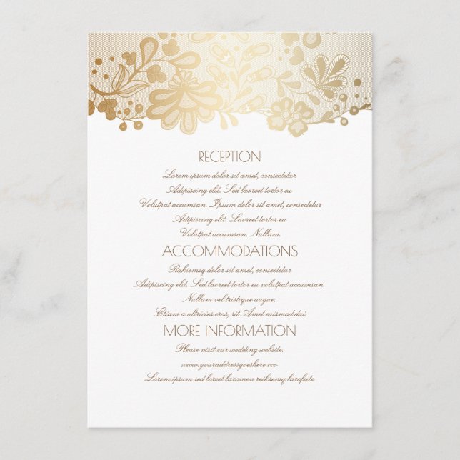 Tarjeta De Recepción Información de Boda blanco elegante de encaje dora (Anverso)