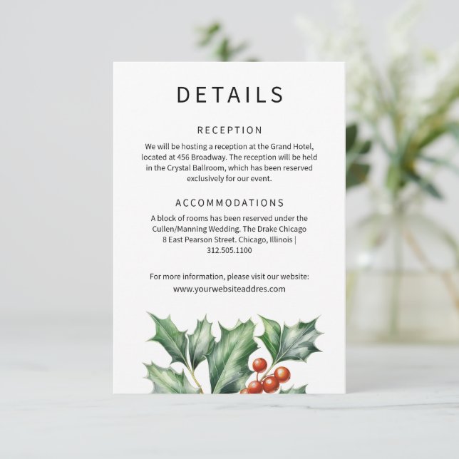Tarjeta De Recepción Información de boda de acebo verde cazador  (Anverso de pie)
