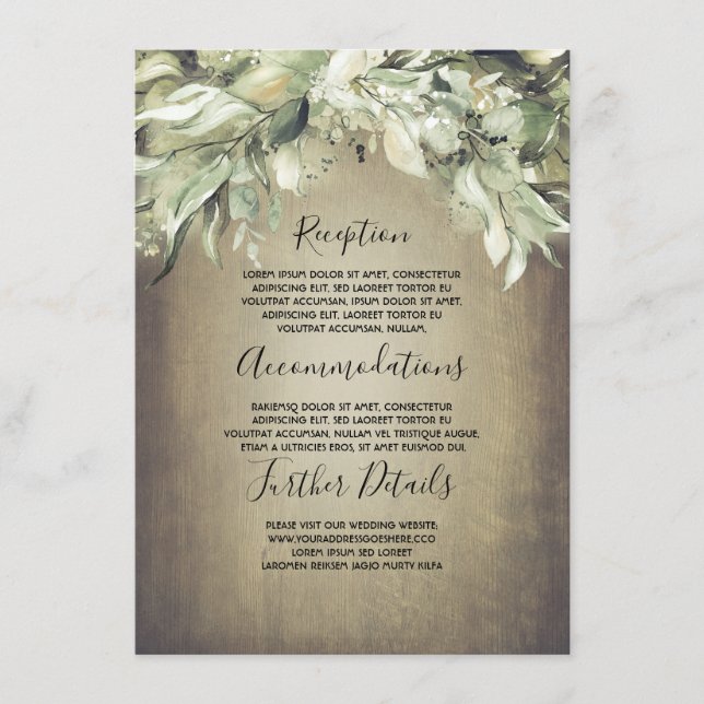 Tarjeta De Recepción Información de Boda de madera y vegetación rústica (Anverso)