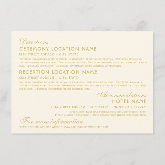 Tarjeta De Recepción Información de Boda de marfil Gold Art Deco (Anverso)