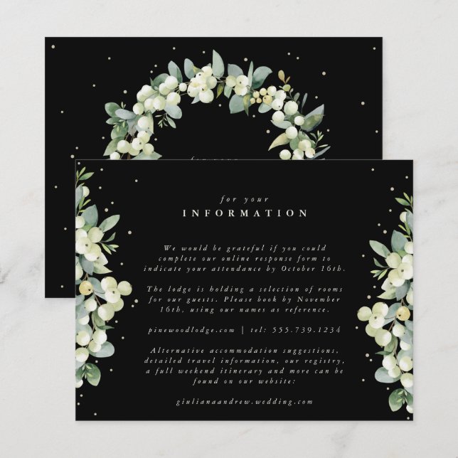 Tarjeta De Recepción Información de Boda de Snowberry Negro + Eucalipto (Anverso / Reverso)
