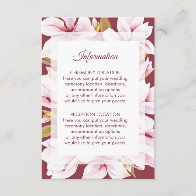 Tarjeta De Recepción Información de Boda Floral de Magnolia Burgundy (Anverso)