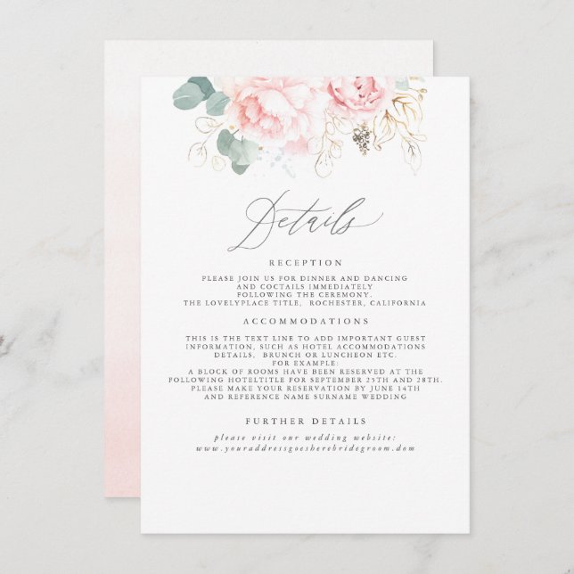 Tarjeta De Recepción Información de Boda floral elegante rosa (Anverso / Reverso)
