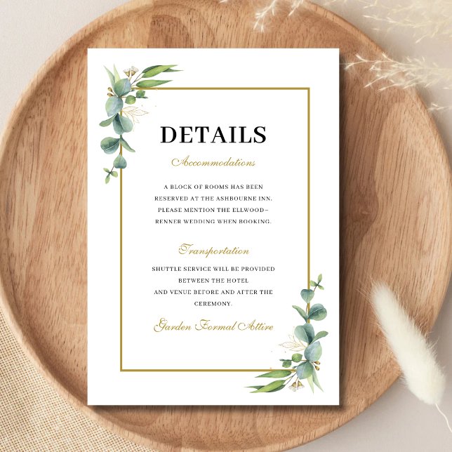 Tarjeta De Recepción Información de Boda Geométrica con Verde de Eucali (Eucalyptus greenery enclosure card keeps wedding details clear with modern elegance.)