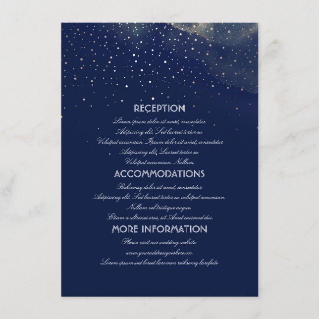 Tarjeta De Recepción Información de Boda nocturno Gold y Navy Starry (Anverso)