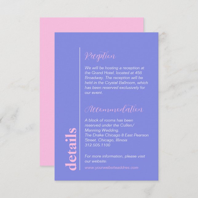 Tarjeta De Recepción Información de Boda rosa azul Pastel Lilac (Anverso / Reverso)