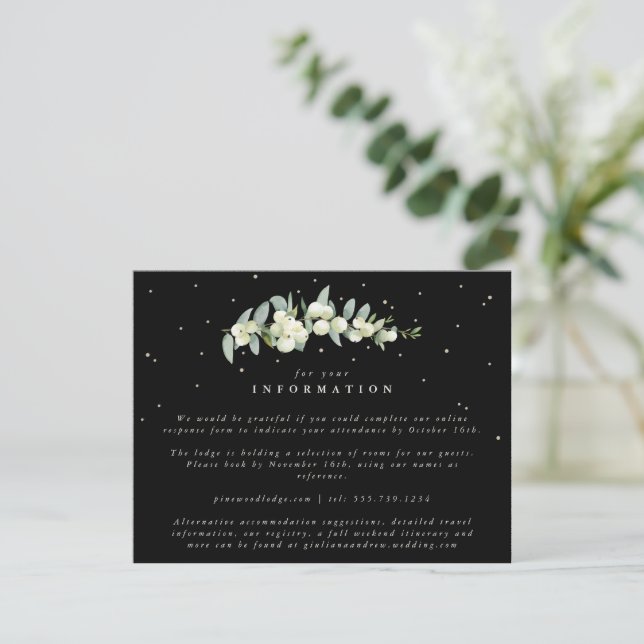 Tarjeta De Recepción Información de Boda sobre paro de Snowberry negro  (Anverso de pie)