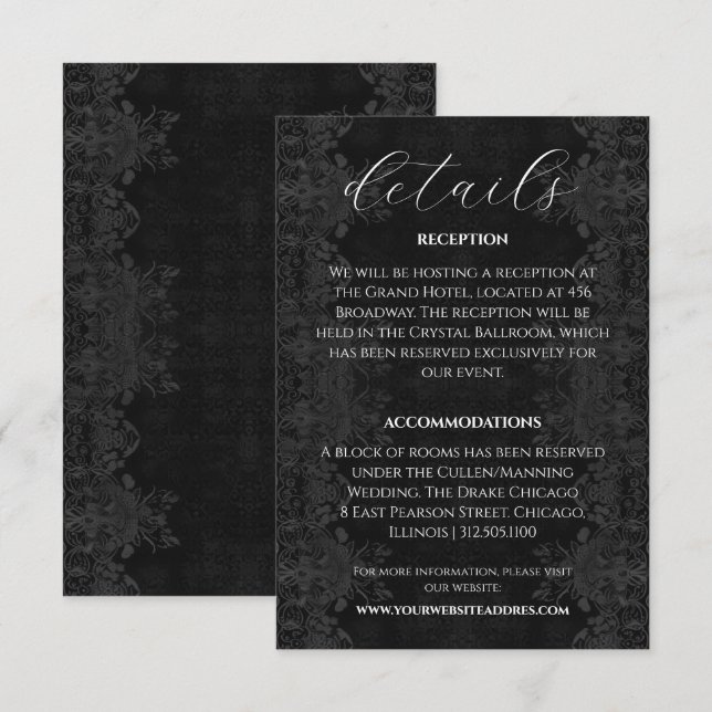Tarjeta De Recepción Información de Boda Victoriana Negra y Melancólica (Anverso / Reverso)