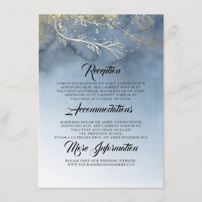 Tarjeta De Recepción Información de Bodas Dusty Blue y Gold (Anverso)