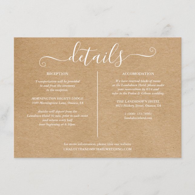 Tarjeta De Recepción Información de detalles de boda de Rustic Kraft Si (Anverso)