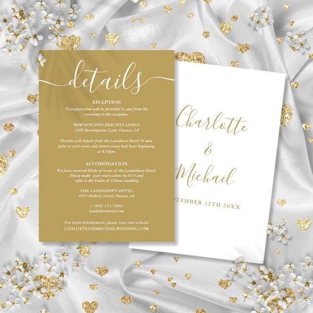 Tarjeta De Recepción Información de Detalles de Boda Script Gold (Script Gold Wedding Details Information Enclosure Card)