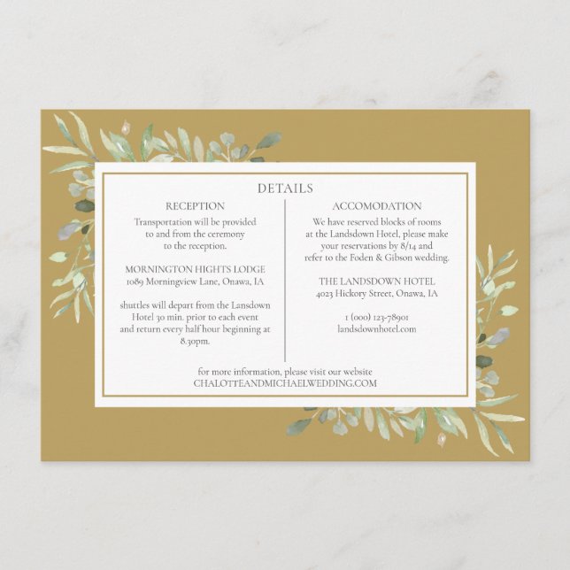 Tarjeta De Recepción Información de detalles del Boda Elegant Gold Gree (Anverso)