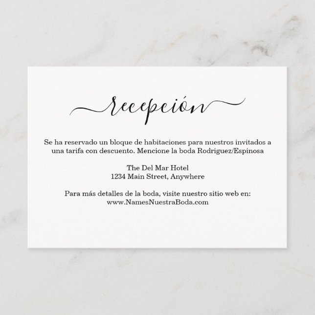 Tarjeta De Recepción Información de español elegante bianco y negro bod (Anverso)