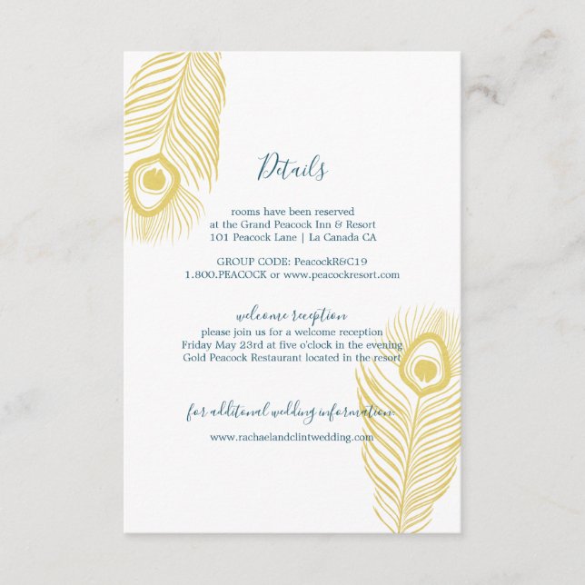 Tarjeta De Recepción Información de invitado del Boda de Peacock Gold E (Anverso)